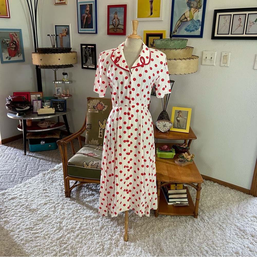 SOLD SOLD Vintage 1950s Style Dress White Red Polka Dot M L Pinup Rockabilly 50s - Picture 2 of 8